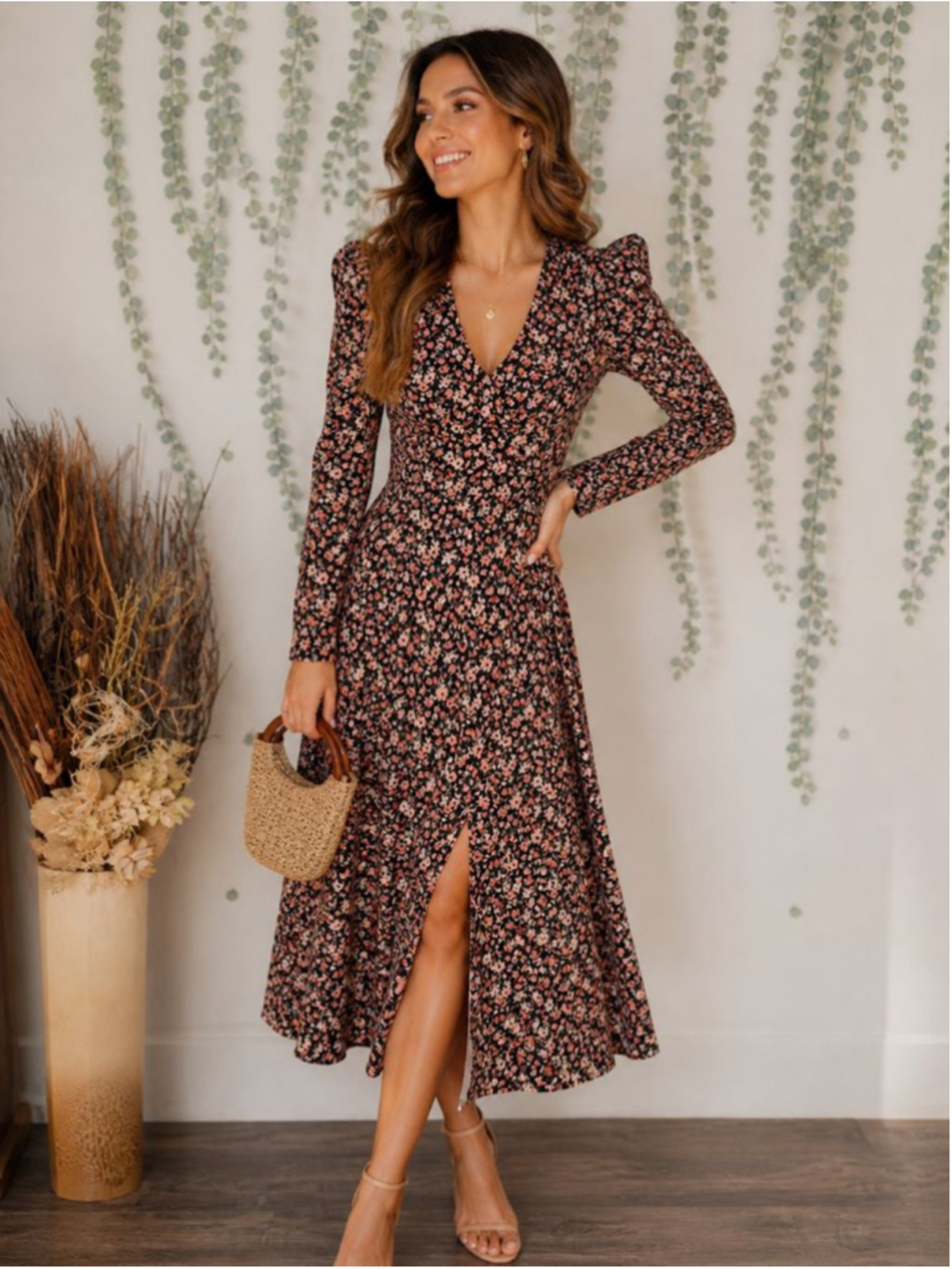 ASTR The Label Floral Midi Dress XS Black Pink Puff Sleeve V Neck Slit NWOT